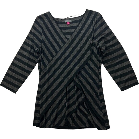 Vince Camuto Gray Black‎ Stripe Layer Crossover 3/4 Sleeve V Neck Stretch Top L - Picture 1 of 11